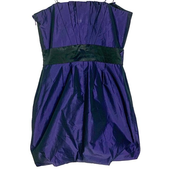 Strapless Pleated Bubble Hem Mini Cocktail Dress Fit Flare Size 4 Purple Taffeta - Picture 5 of 12